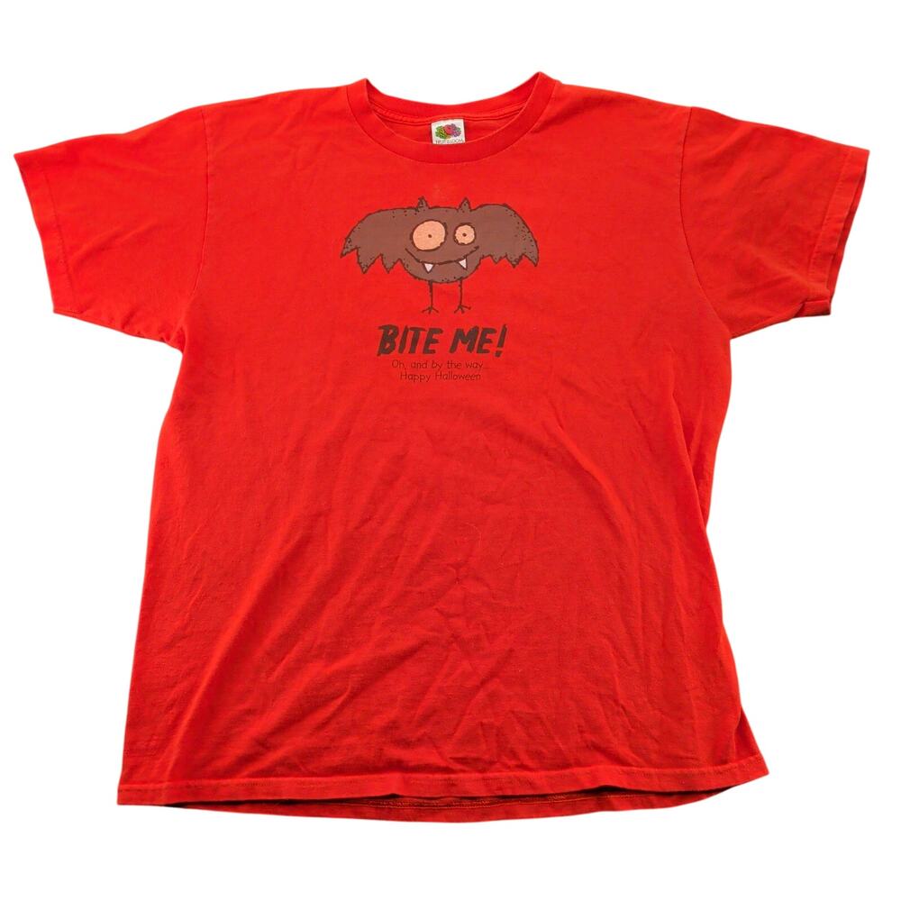 Vintage Y2K Bite Me! Bat Halloween Short Sleeve T Shirt Men's Large Orange Funny